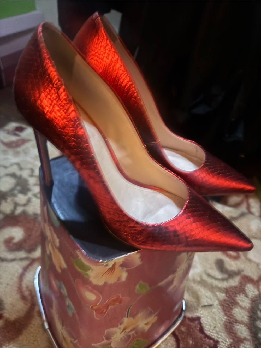 Red Leather Metallic Pointed-Toe Stiletto Pumps